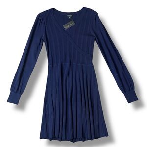 Current Air Navy Blue Ribbed Knit Balloon Sleeve Surplice Neck Dress M NEW